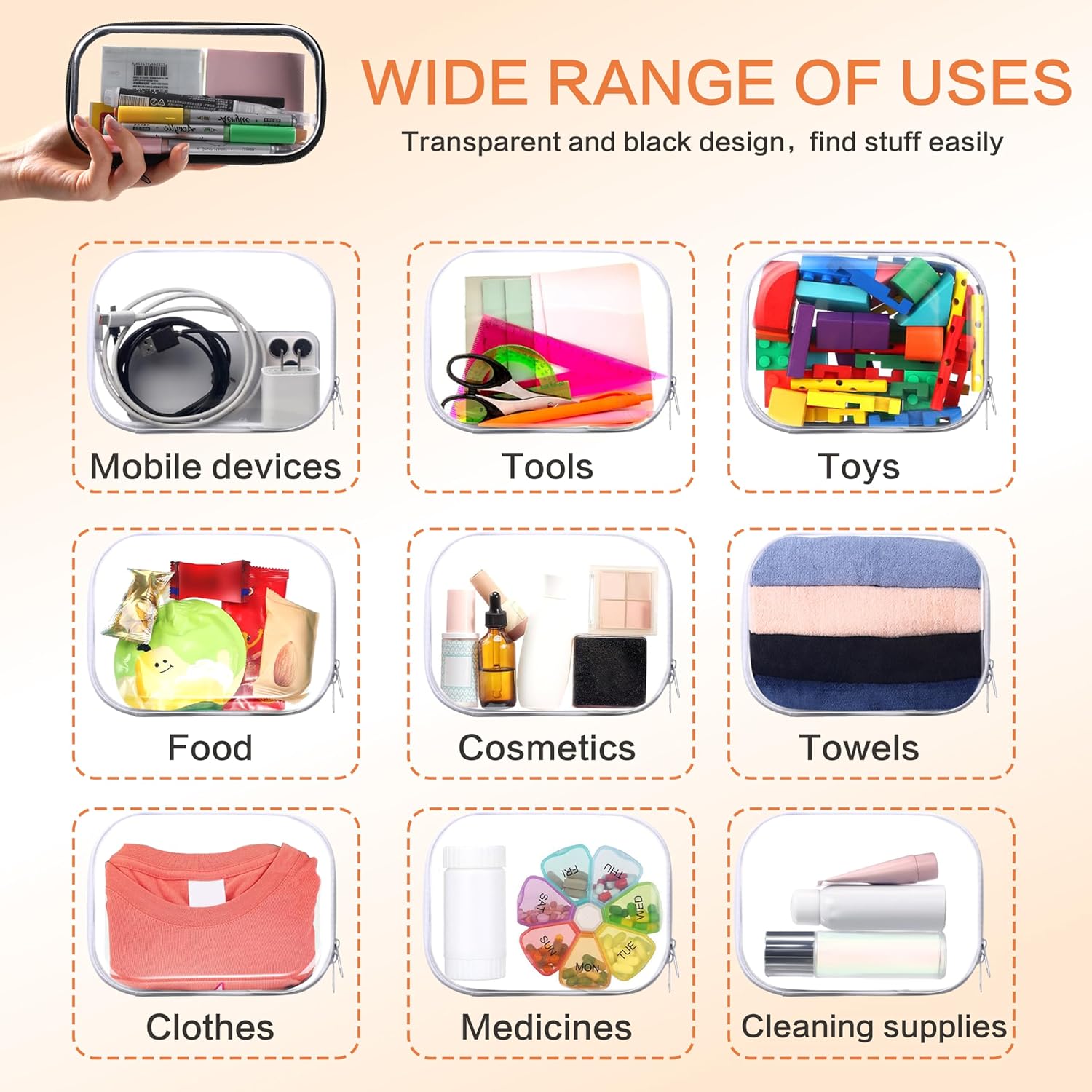 8PCS Extra Large 14.2" Clear Hard Shell Zipper Case : Clear Zipper Pouches Waterproof Lightweight Plastic Organizer Makeup Bag Organizer Hard Toy Storage Travel Pouches (4S+2M+2L) - Image 3