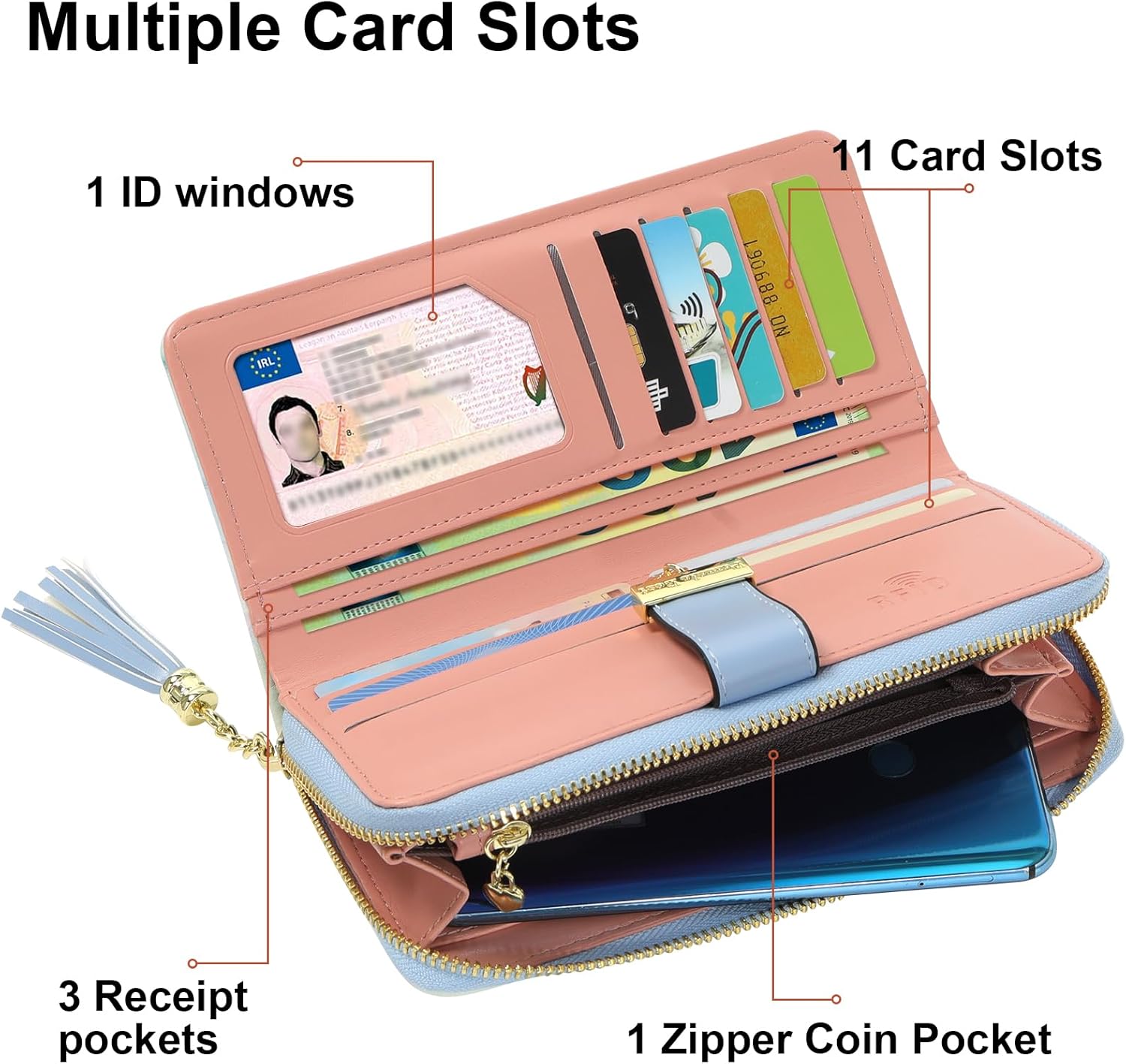 Pomelo Best RFID Wallets for Women with Multiple Card Slots and Cellphone Compartment, Womens Wallet Cyan - Image 4